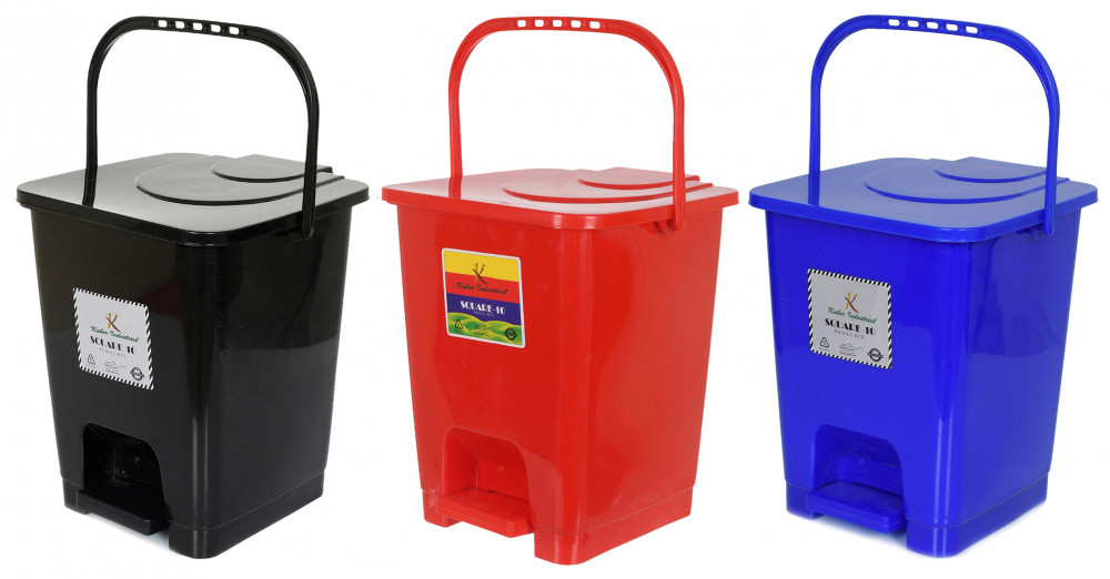 Kuber Industries Premium Plastic Pedal Dustbin 10 Ltr (Black &amp; Red &amp; Blue)-Pack of 3