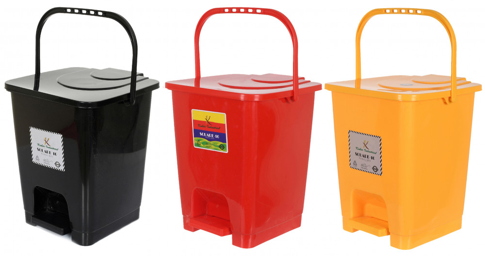 Kuber Industries Premium Plastic Pedal Dustbin 10 Ltr (Black &amp; Red &amp; Yellow)-Pack of 3