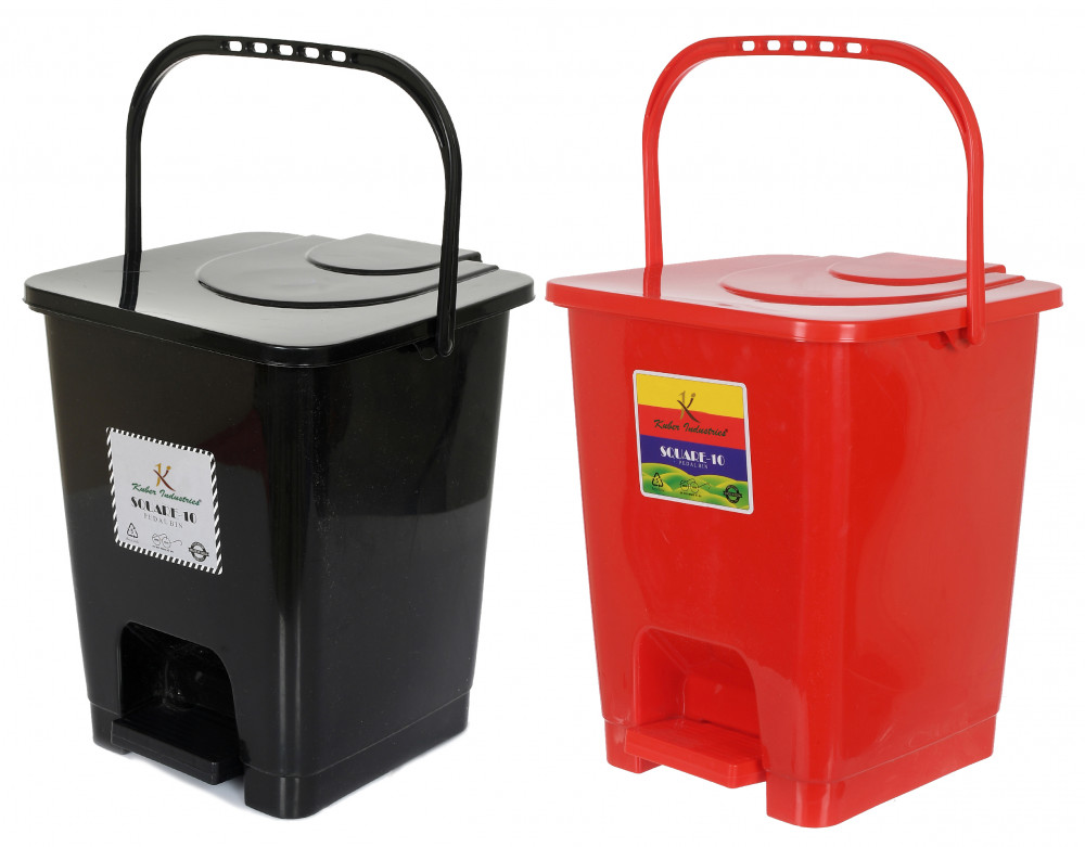 Kuber Industries Premium Plastic Pedal Dustbin 10 Ltr (Black &amp; Red)-Pack of 2