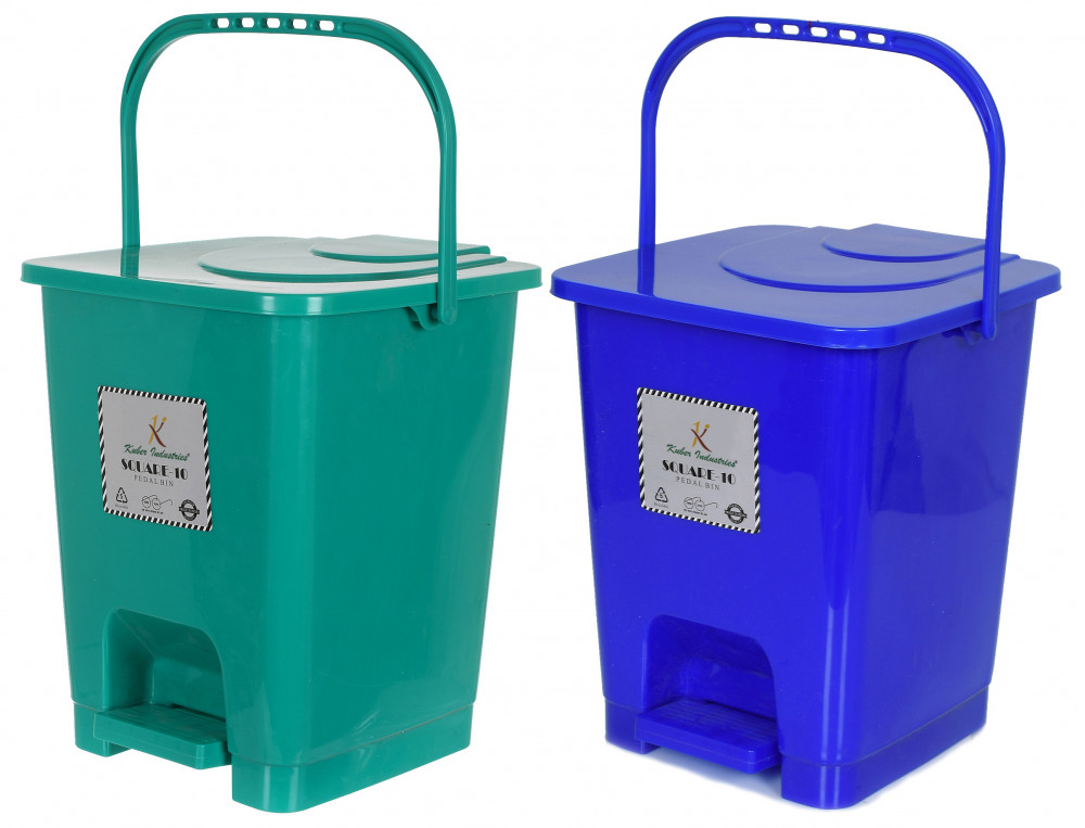 Kuber Industries Premium Plastic Pedal Dustbin 10 Ltr (Green &amp; Blue)-Pack of 2