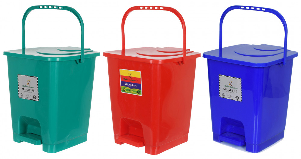 Kuber Industries Premium Plastic Pedal Dustbin 10 Ltr (Green &amp; Red &amp; Blue)-Pack of 3