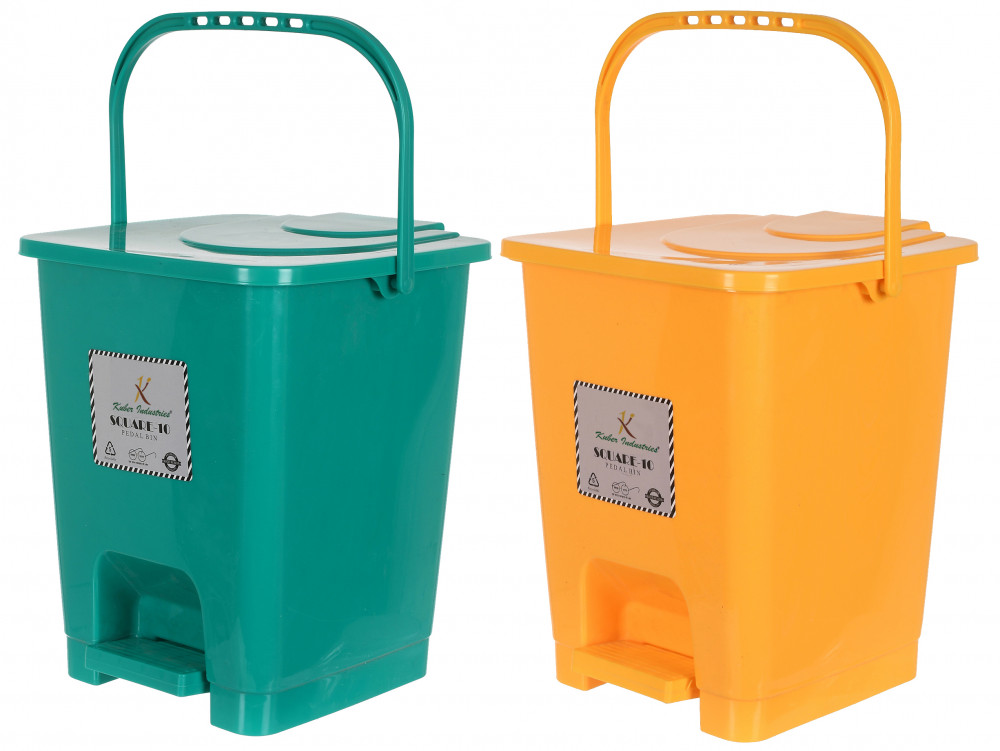 Kuber Industries Premium Plastic Pedal Dustbin 10 Ltr (Green &amp; Yellow)-Pack of 2