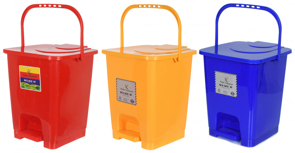 Kuber Industries Premium Plastic Pedal Dustbin 10 Ltr (Red &amp; Yellow &amp; Blue)-Pack of 3