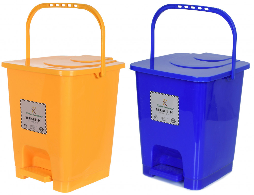 Kuber Industries Premium Plastic Pedal Dustbin 10 Ltr (Yellow &amp; Blue)-Pack of 2