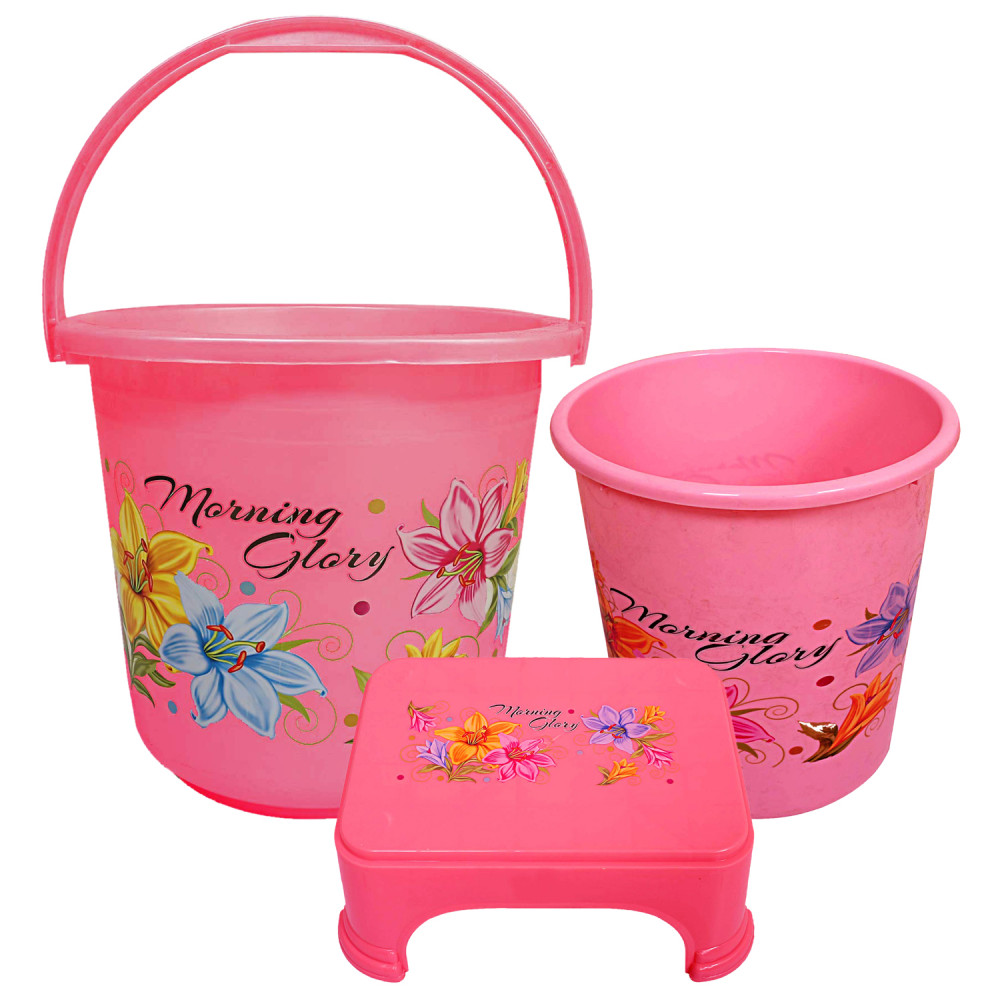 Kuber Industries Printed 3 Pieces Unbreakable Virgin Plastic Multipurpose Bucket, Dustbin &amp; Stool Set (Pink)