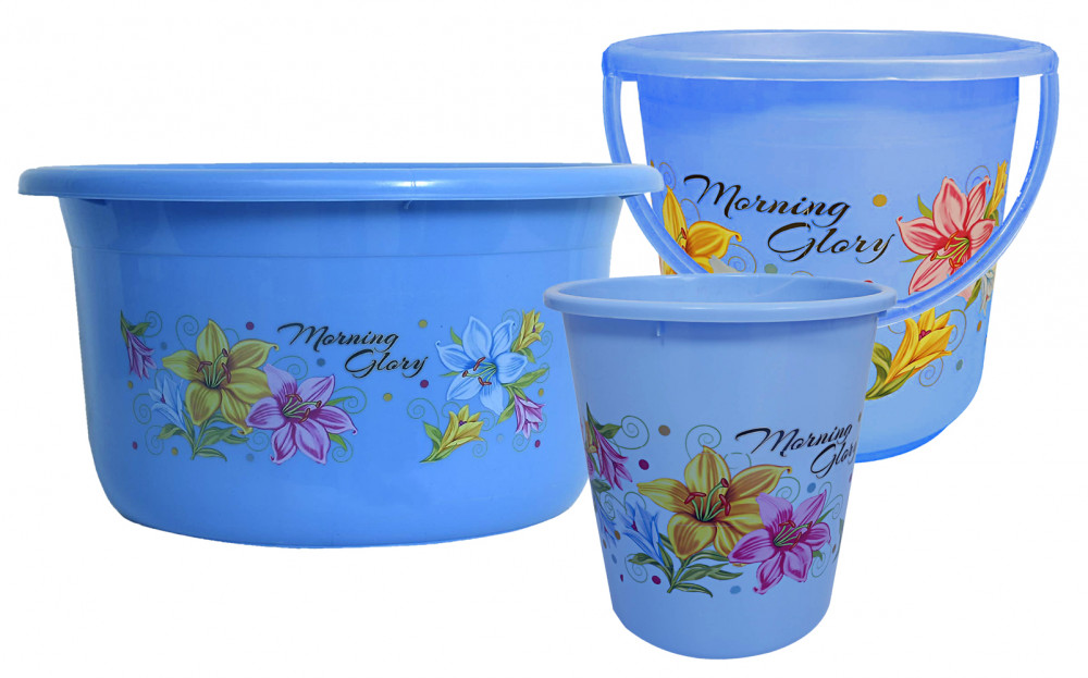 Kuber Industries Printed 3 Pieces Unbreakable Virgin Plastic Multipurpose Bucket, Dustbin &amp; Tub Set (Blue)