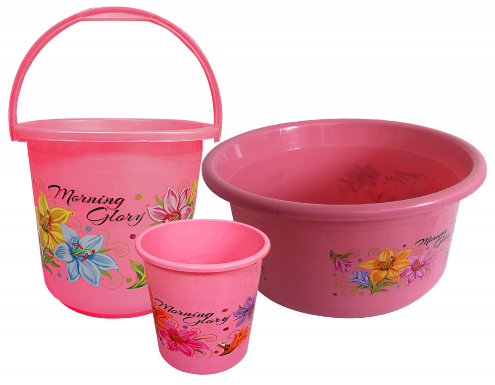 Kuber Industries Printed 3 Pieces Unbreakable Virgin Plastic Multipurpose Bucket, Dustbin &amp; Tub Set (Pink)