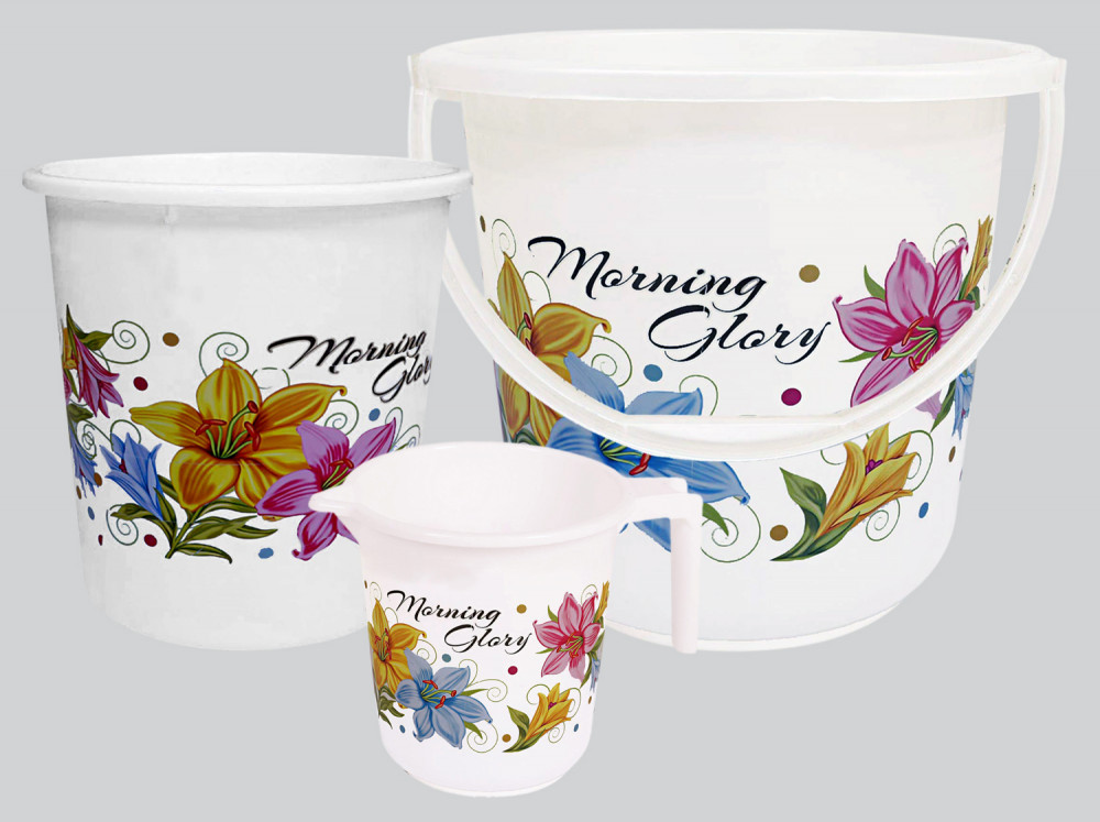 Kuber Industries Printed 3 Pieces Unbreakable Virgin Plastic Multipurpose Bucket, Mug &amp; Dustbin Set (White)