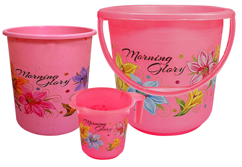 Kuber Industries Printed 3 Pieces Unbreakable Virgin Plastic Multipurpose Bucket, Mug &amp; Dustbin Set (Pink)