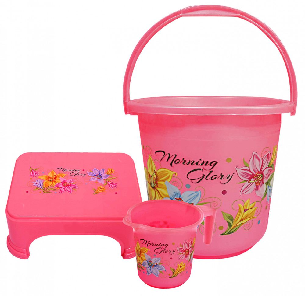 Kuber Industries Printed 3 Pieces Unbreakable Virgin Plastic Multipurpose Bucket, Mug &amp; Stool Set (Pink)