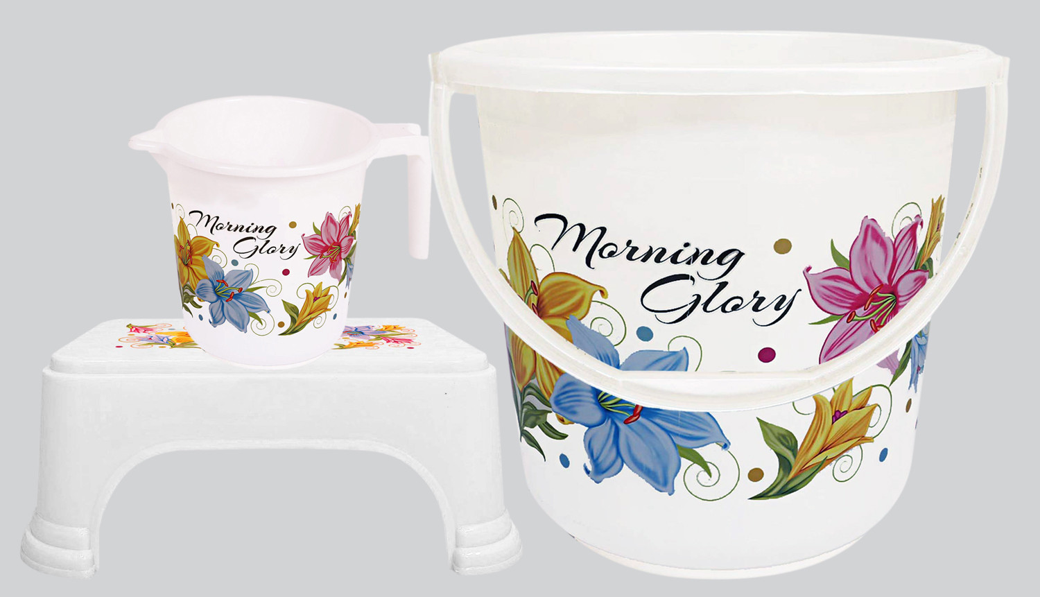 Kuber Industries Printed 3 Pieces Unbreakable Virgin Plastic Multipurpose Bucket, Mug & Stool Set (White)