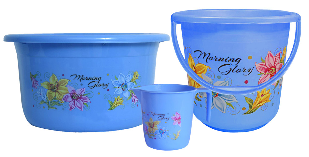 Kuber Industries Printed 3 Pieces Unbreakable Virgin Plastic Multipurpose Bucket, Mug &amp; Tub Set (Blue)