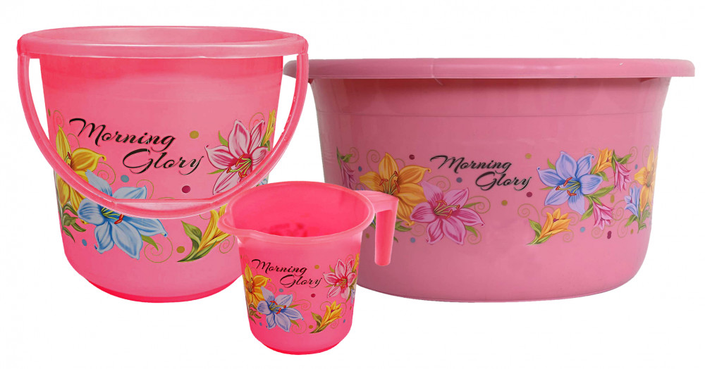 Kuber Industries Printed 3 Pieces Unbreakable Virgin Plastic Multipurpose Bucket, Mug &amp; Tub Set (Pink)