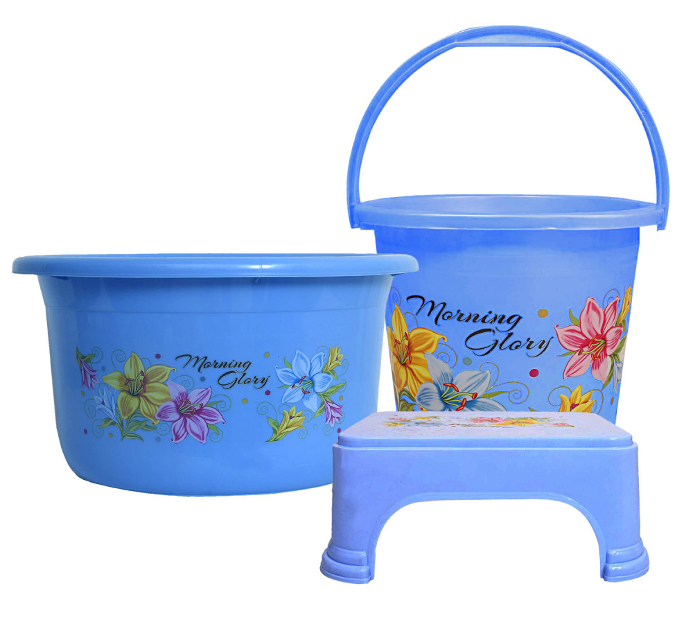 Kuber Industries Printed 3 Pieces Unbreakable Virgin Plastic Multipurpose Bucket, Stool &amp; Tub Set (Blue)
