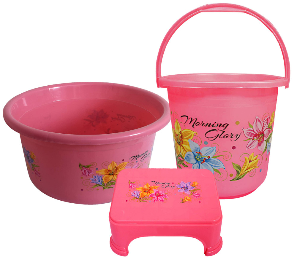 Kuber Industries Printed 3 Pieces Unbreakable Virgin Plastic Multipurpose Bucket, Stool &amp; Tub Set (Pink)
