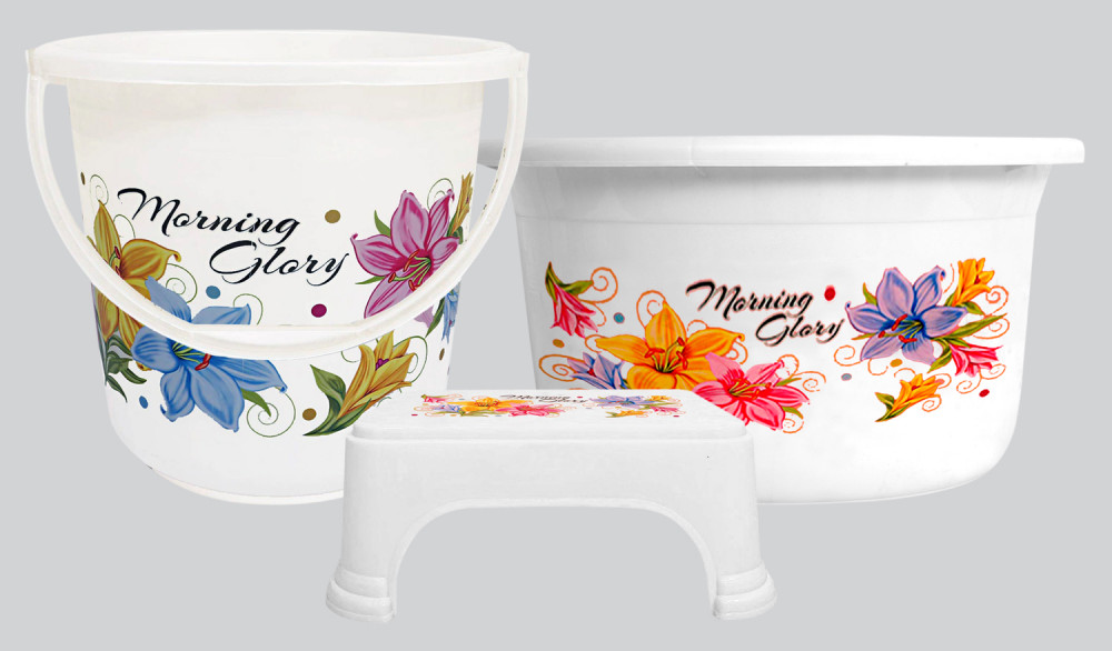 Kuber Industries Printed 3 Pieces Unbreakable Virgin Plastic Multipurpose Bucket, Stool &amp; Tub Set (White)