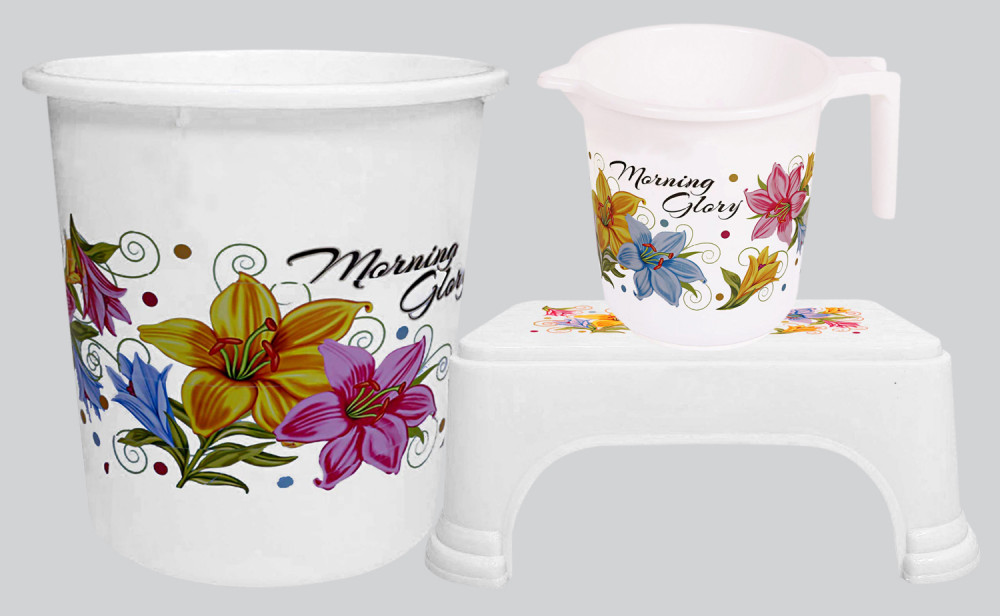 Kuber Industries Printed 3 Pieces Unbreakable Virgin Plastic Multipurpose Mug, Dustbin &amp; Stool Set (White)