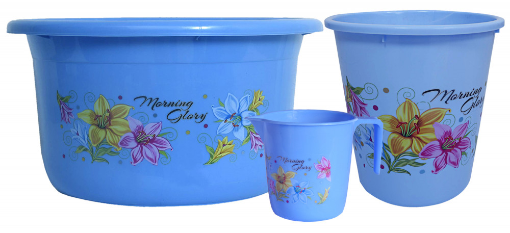 Kuber Industries Printed 3 Pieces Unbreakable Virgin Plastic Multipurpose Mug, Dustbin &amp; Tub Set (Blue)