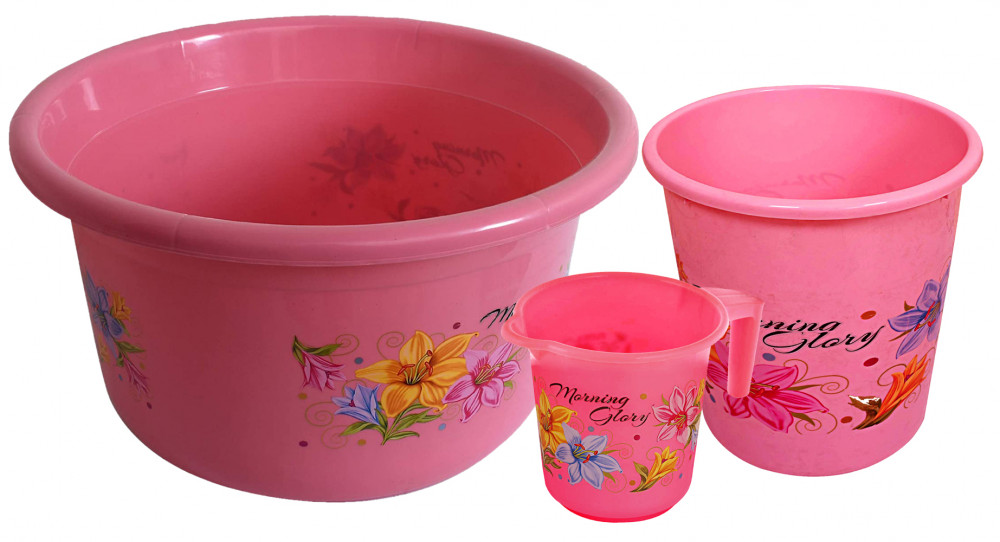 Kuber Industries Printed 3 Pieces Unbreakable Virgin Plastic Multipurpose Mug, Dustbin &amp; Tub Set (Pink)