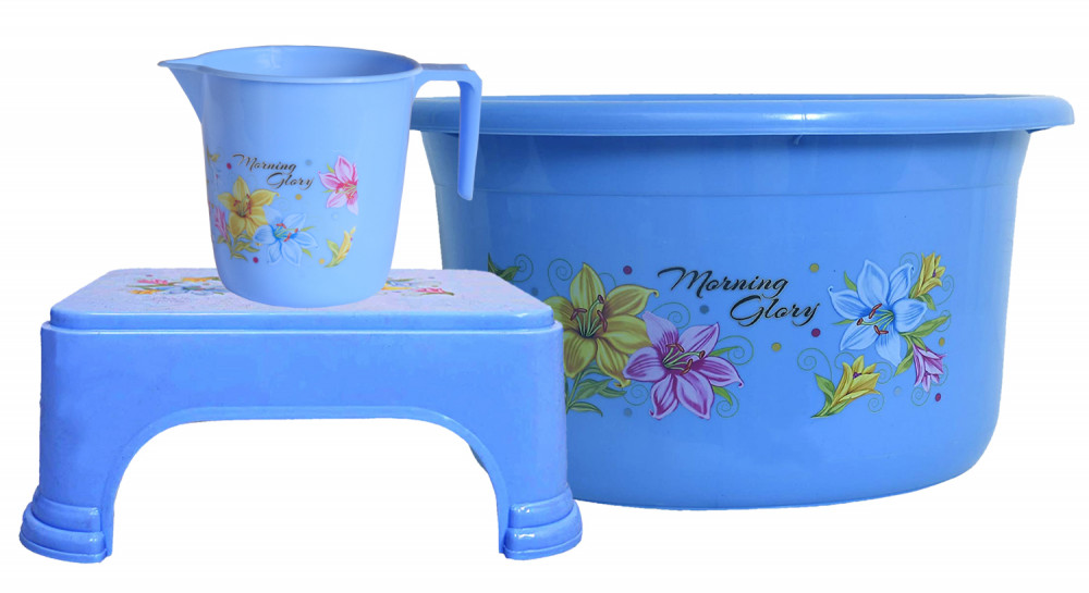 Kuber Industries Printed 3 Pieces Unbreakable Virgin Plastic Multipurpose Mug, Tub &amp; Stool Set (Blue)