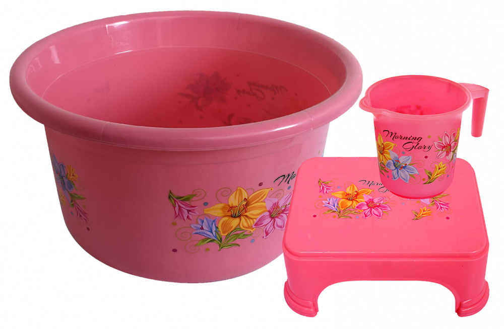 Kuber Industries Printed 3 Pieces Unbreakable Virgin Plastic Multipurpose Mug, Tub &amp; Stool Set (Pink)
