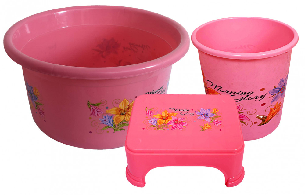 Kuber Industries Printed 3 Pieces Unbreakable Virgin Plastic Multipurpose Tub, Dustbin &amp; Stool Set (Pink)
