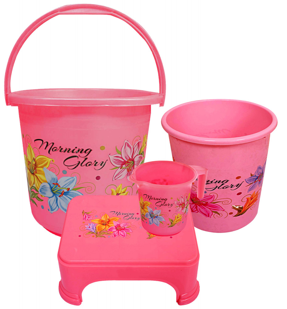 Kuber Industries Printed 4 Pieces Unbreakable Virgin Plastic Multipurpose Bucket, Dustbin, Mug &amp; Stool Set (Pink)