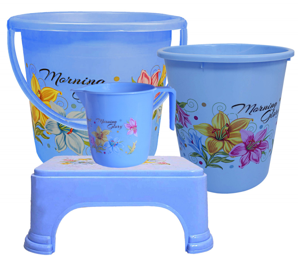 Kuber Industries Printed 4 Pieces Unbreakable Virgin Plastic Multipurpose Bucket, Dustbin, Mug &amp; Stool Set (Blue)