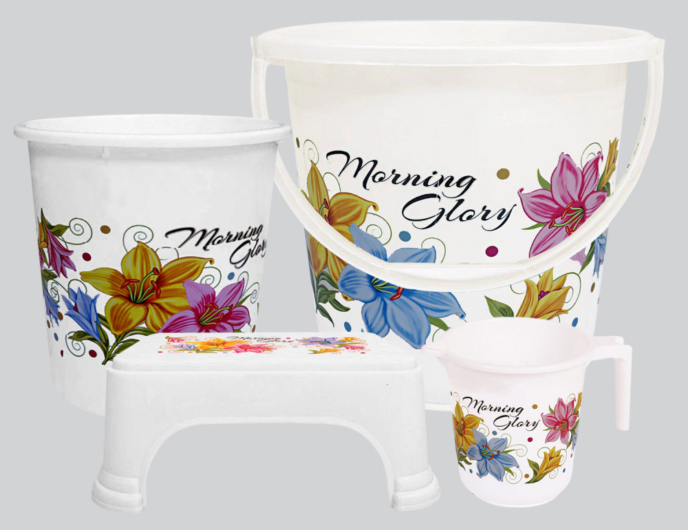 Kuber Industries Printed 4 Pieces Unbreakable Virgin Plastic Multipurpose Bucket, Dustbin, Mug &amp; Stool Set (White)