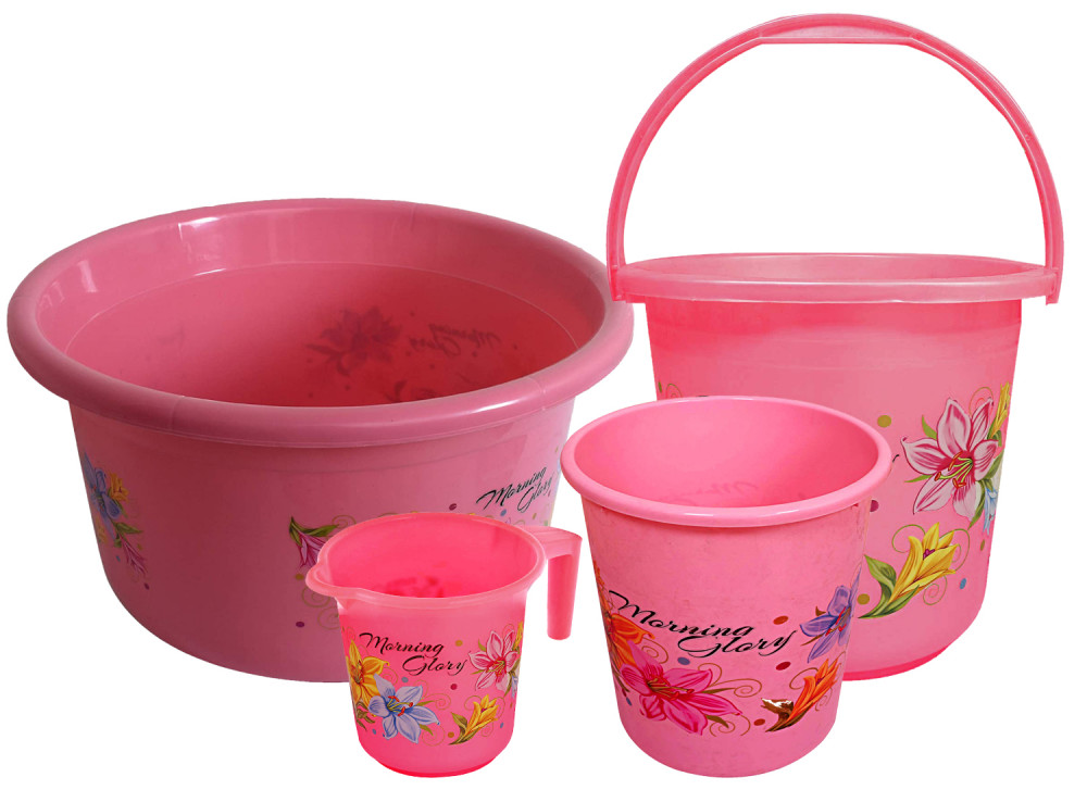 Kuber Industries Printed 4 Pieces Unbreakable Virgin Plastic Multipurpose Bucket, Dustbin, Mug &amp; Tub Set (Pink)