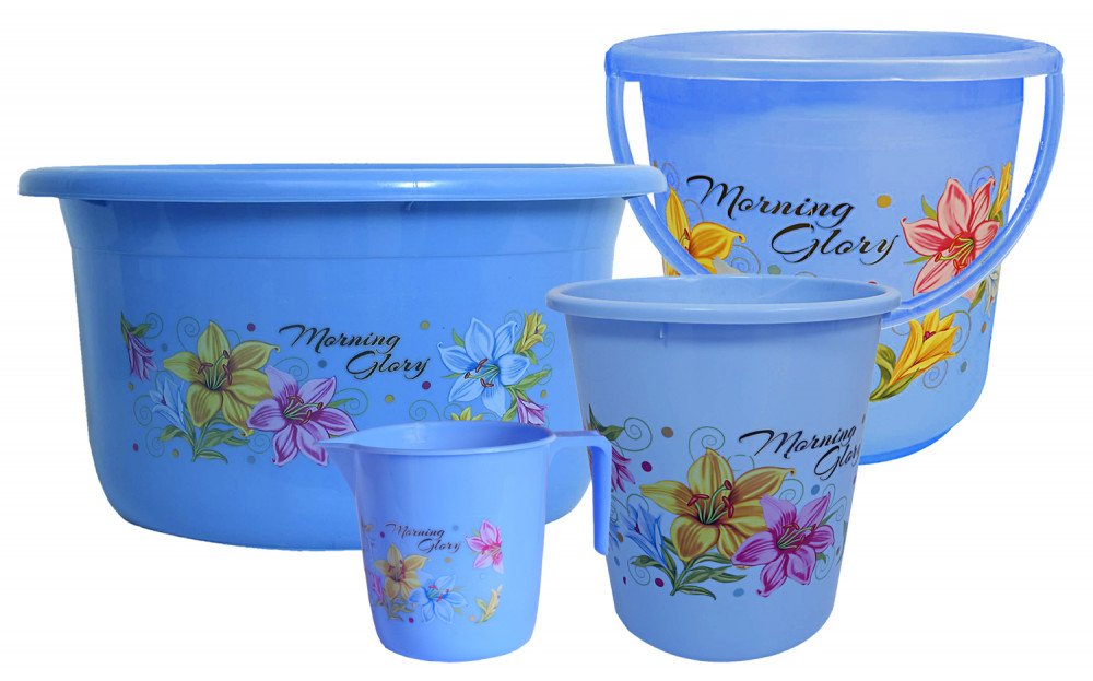 Kuber Industries Printed 4 Pieces Unbreakable Virgin Plastic Multipurpose Bucket, Dustbin, Mug &amp; Tub Set (Blue)