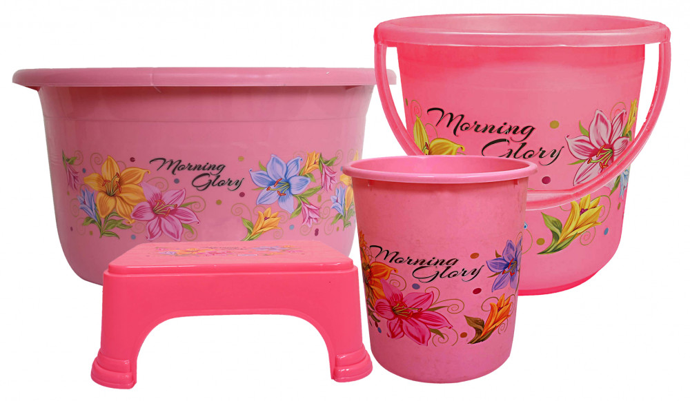 Kuber Industries Printed 4 Pieces Unbreakable Virgin Plastic Multipurpose Bucket, Stool, Dustbin &amp; Tub Set (Pink)