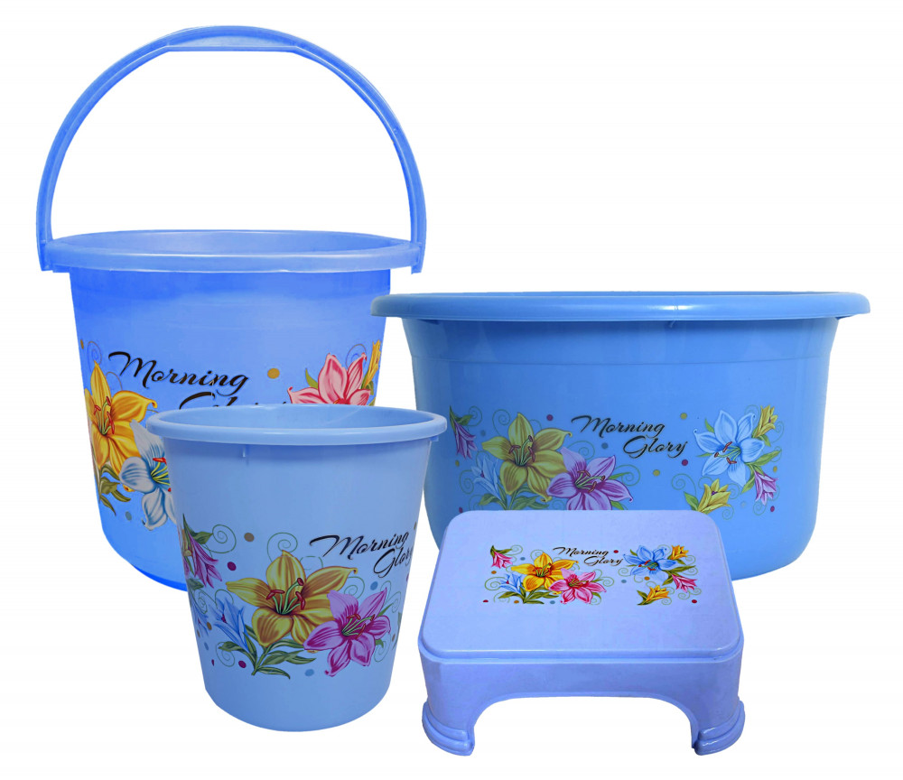Kuber Industries Printed 4 Pieces Unbreakable Virgin Plastic Multipurpose Bucket, Stool, Dustbin &amp; Tub Set (Blue)