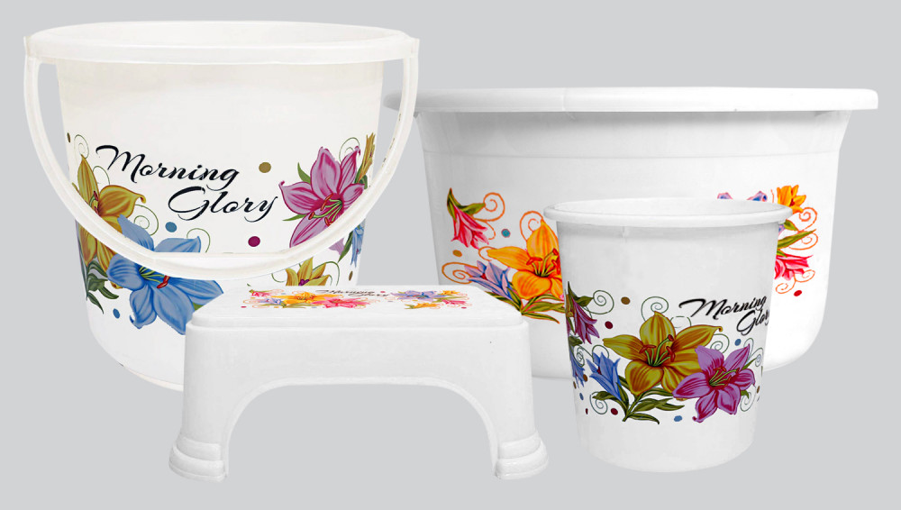 Kuber Industries Printed 4 Pieces Unbreakable Virgin Plastic Multipurpose Bucket, Stool, Dustbin &amp; Tub Set (White)