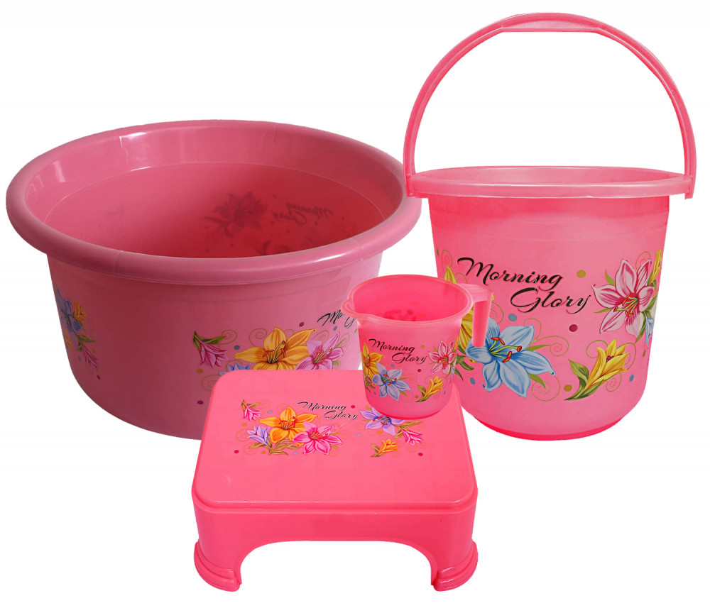 Kuber Industries Printed 4 Pieces Unbreakable Virgin Plastic Multipurpose Bucket, Stool, Mug &amp; Tub Set (Pink)