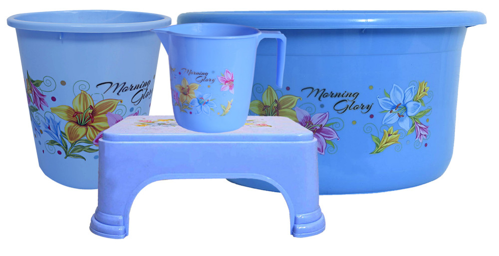 Kuber Industries Printed 4 Pieces Unbreakable Virgin Plastic Multipurpose Mug, Stool, Dustbin &amp; Tub Set (Blue)