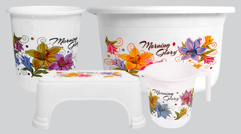 Kuber Industries Printed 4 Pieces Unbreakable Virgin Plastic Multipurpose Mug, Stool, Dustbin &amp; Tub Set (White)