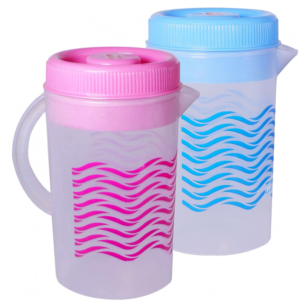Kuber Industries Printed Plastic Water Jug With Lid, 2Ltr., Pack of 2 (Pink &amp; Blue)