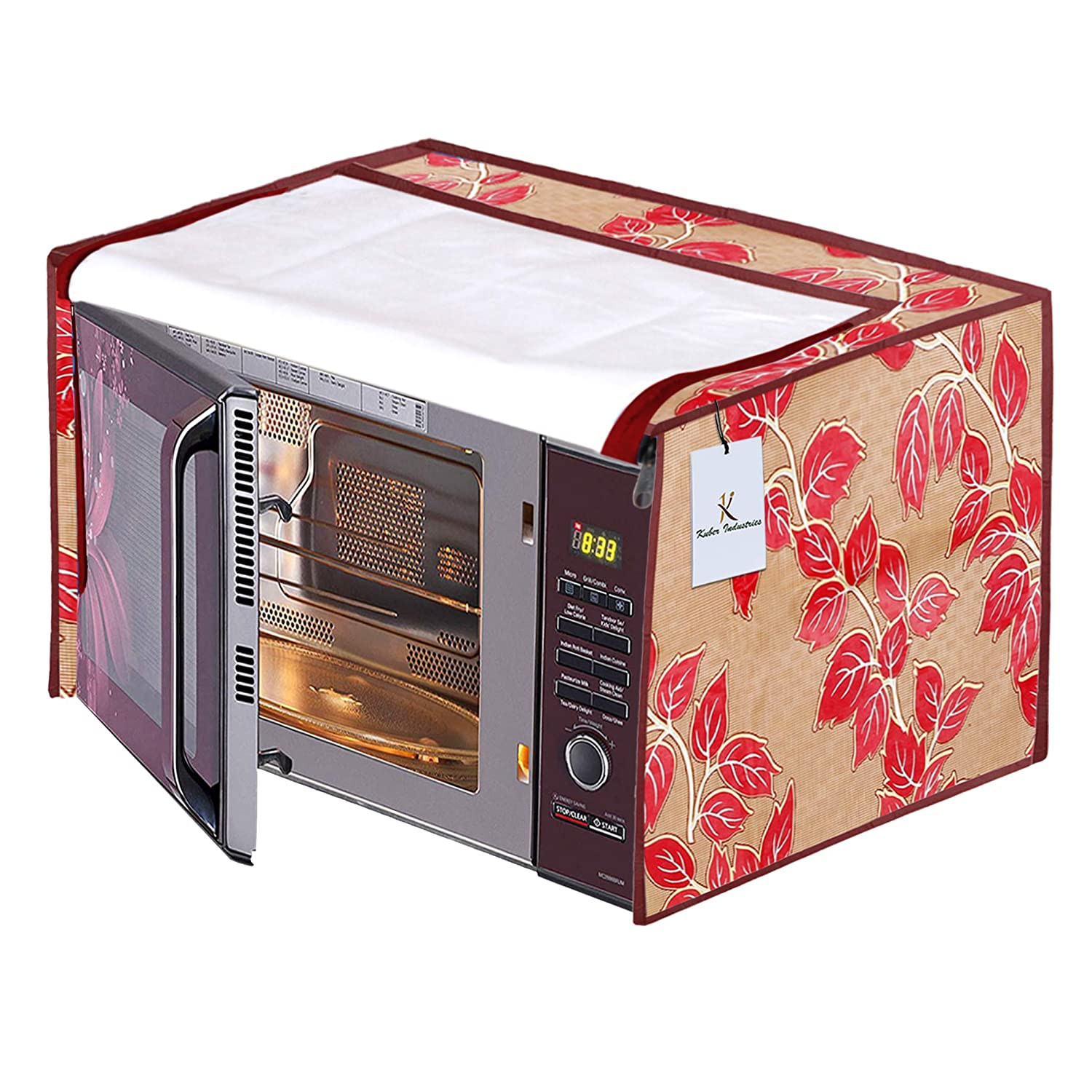 Kuber Industries PVC Leaf Printed Microwave Oven Cover,20 Ltr. (Red)-HS43KUBMART25953