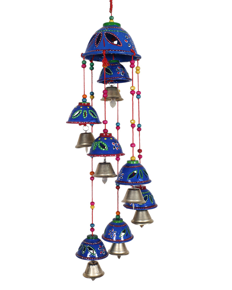 Kuber Industries Rajasthani Design Handcrafted Hanging Windchimes|Latkan With 8 Bells for Home Décor &amp; Positive Energy (Blue)