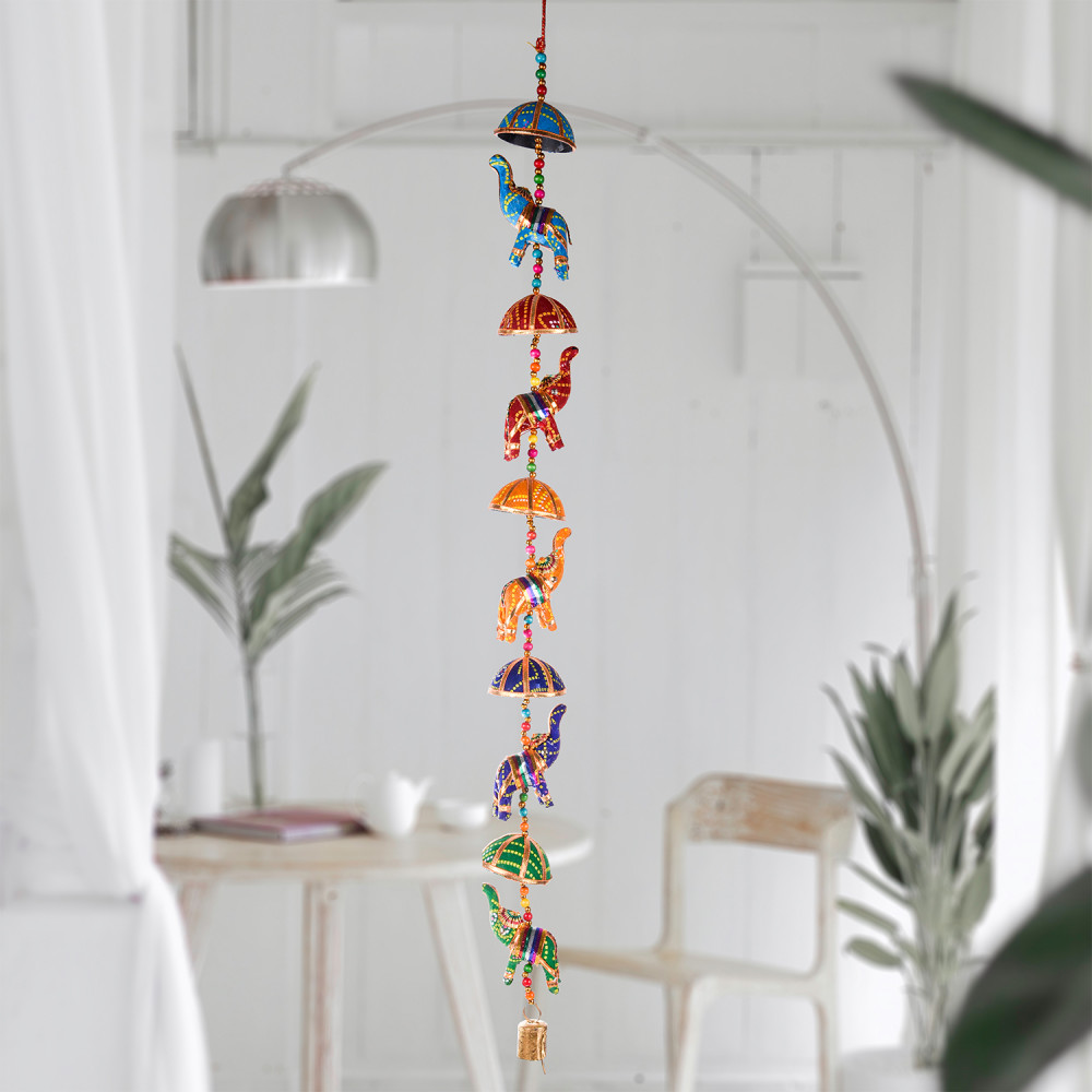 Kuber Industries Rajasthani Traditional Windchimes|5 Hanging Umbrella &amp; Elephants|Polyester Handcrafted Latkan|Decorative Door Hanging Latkan (Multicolor)