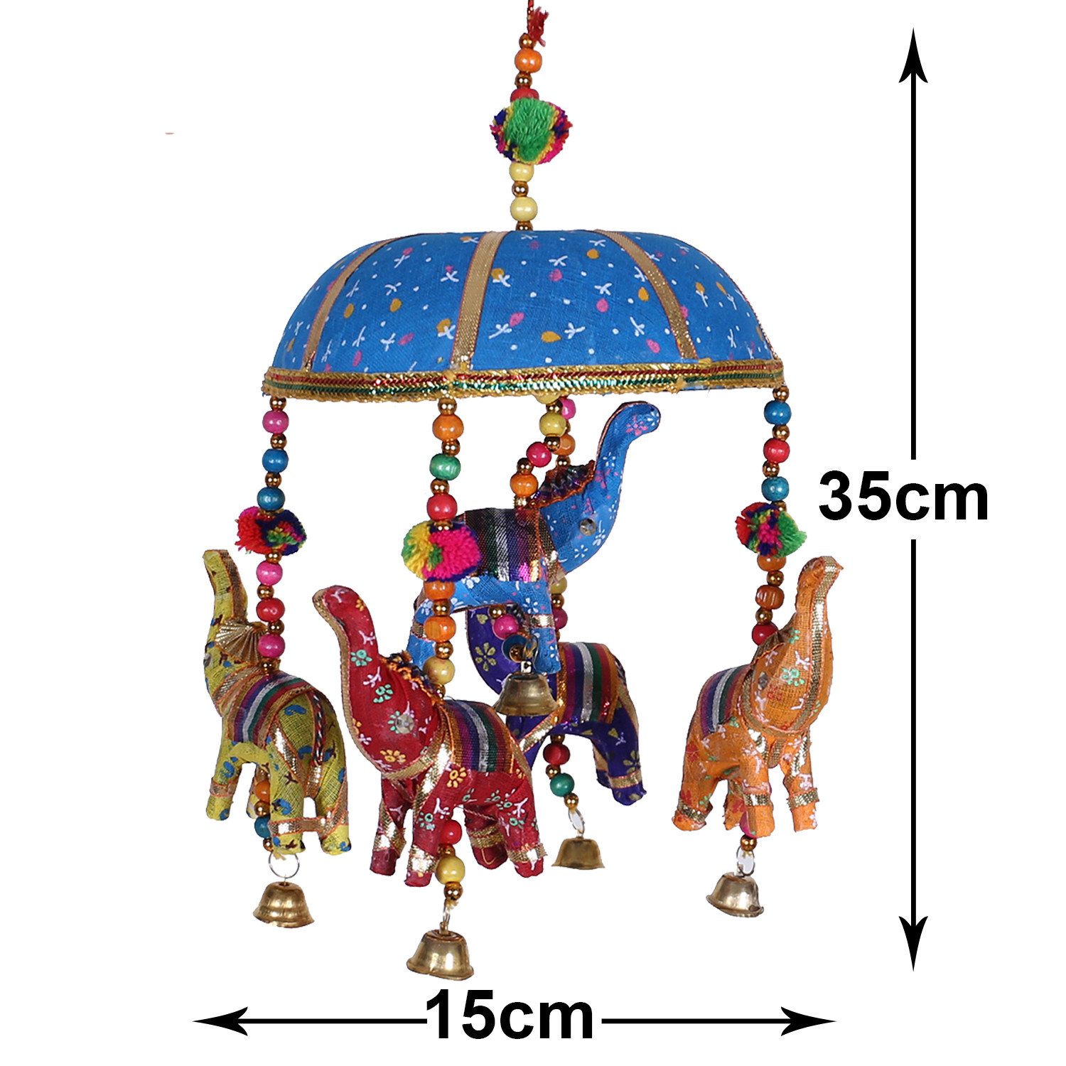 Kuber Industries Rajasthani Traditional Windchimes|Cotton Fabric Pompom Handmade Latkan|Toran With 5 Decorative Hanging Elephants (Blue)