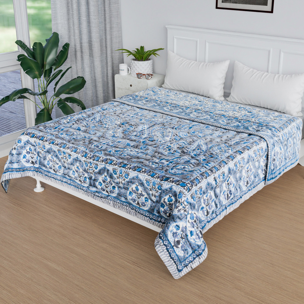 Kuber Industries Razai | Cotton Single Bed Blanket Rajai | Bedspread Quilt Set | Blanket for winter | Blanket for Bed | Bedding Comforter | Carry Flower Mul Mul Razai | Gray