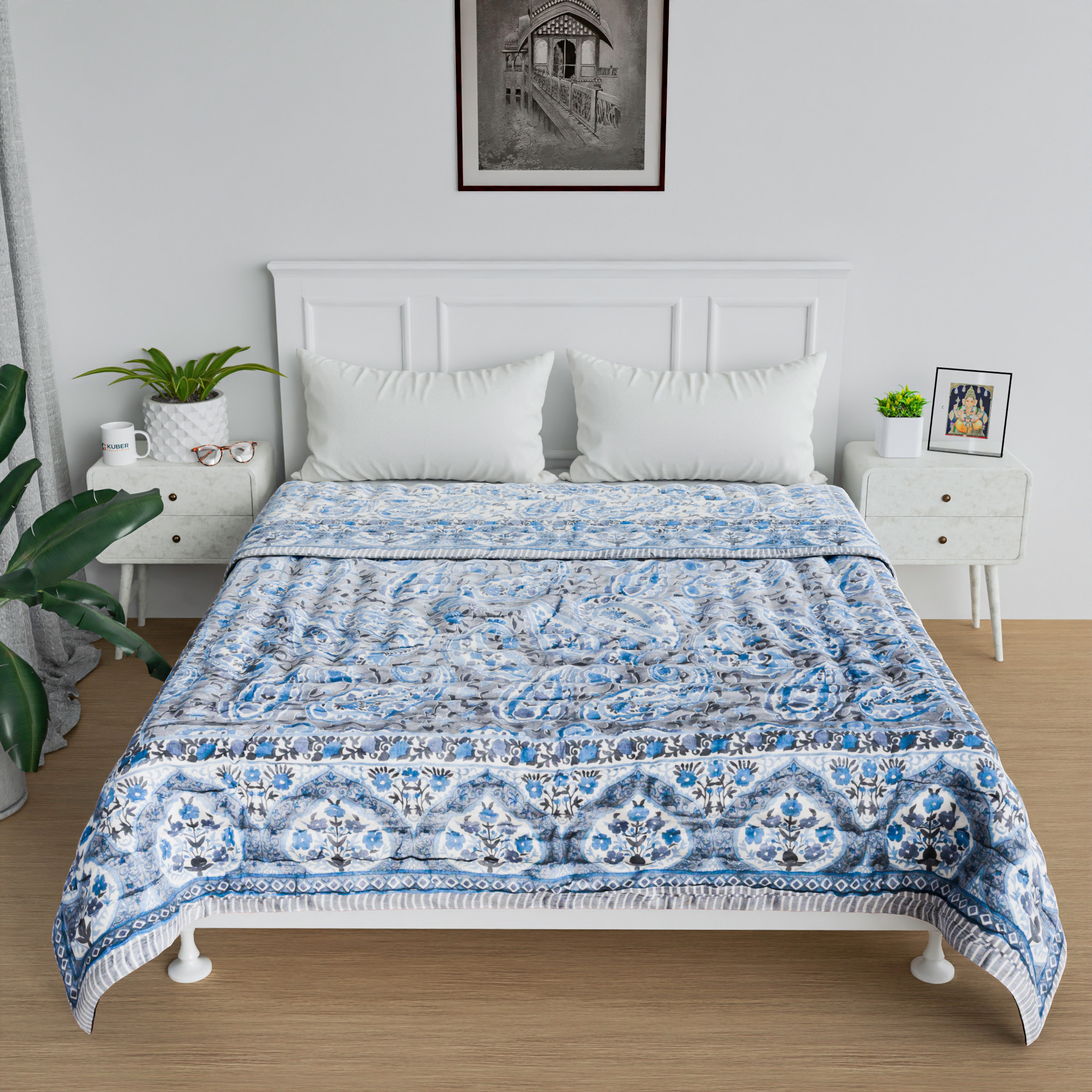 Kuber Industries Razai | Cotton Single Bed Blanket Rajai | Bedspread Quilt Set | Blanket for winter | Blanket for Bed | Bedding Comforter | Carry Flower Mul Mul Razai | Gray