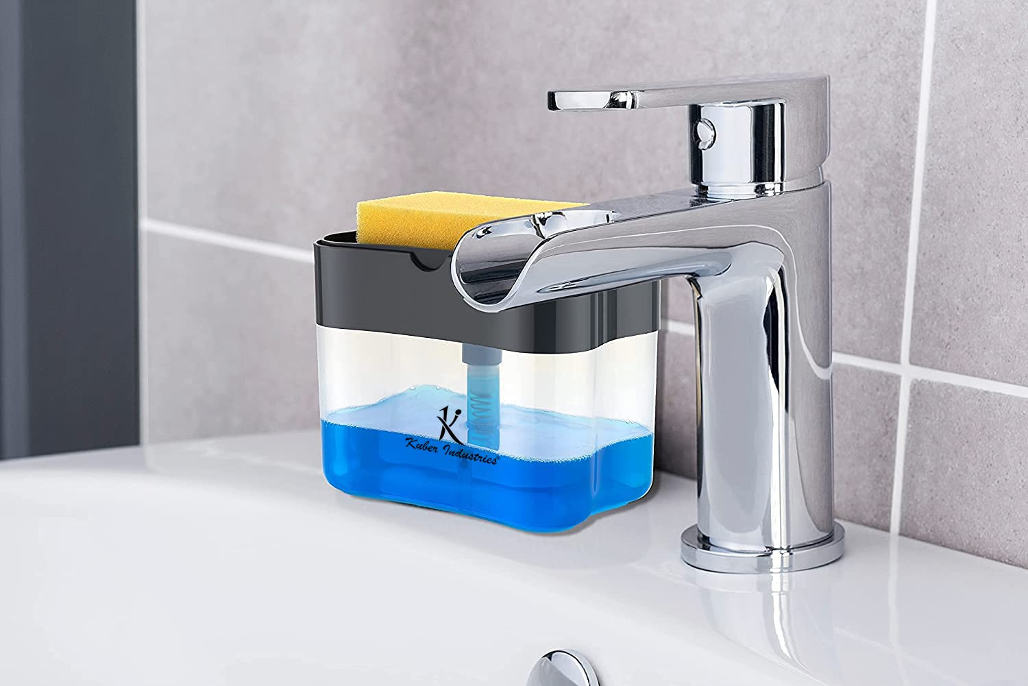 Kuber Industries Rectangle Liquid Soap Dispenser for Kitchen | with Pump and Sponge Holder | Plastic, Lightweight & Durable | Multipurpose Use, Ergonomic Design & Easy to Clean | Grey