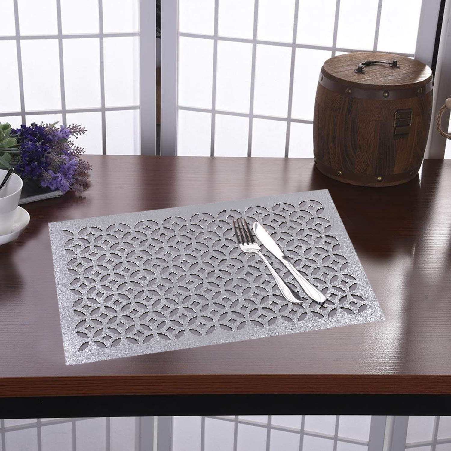 Kuber Industries Rectangular Soft Leather Table Placemats, Set of 4 (Silver)