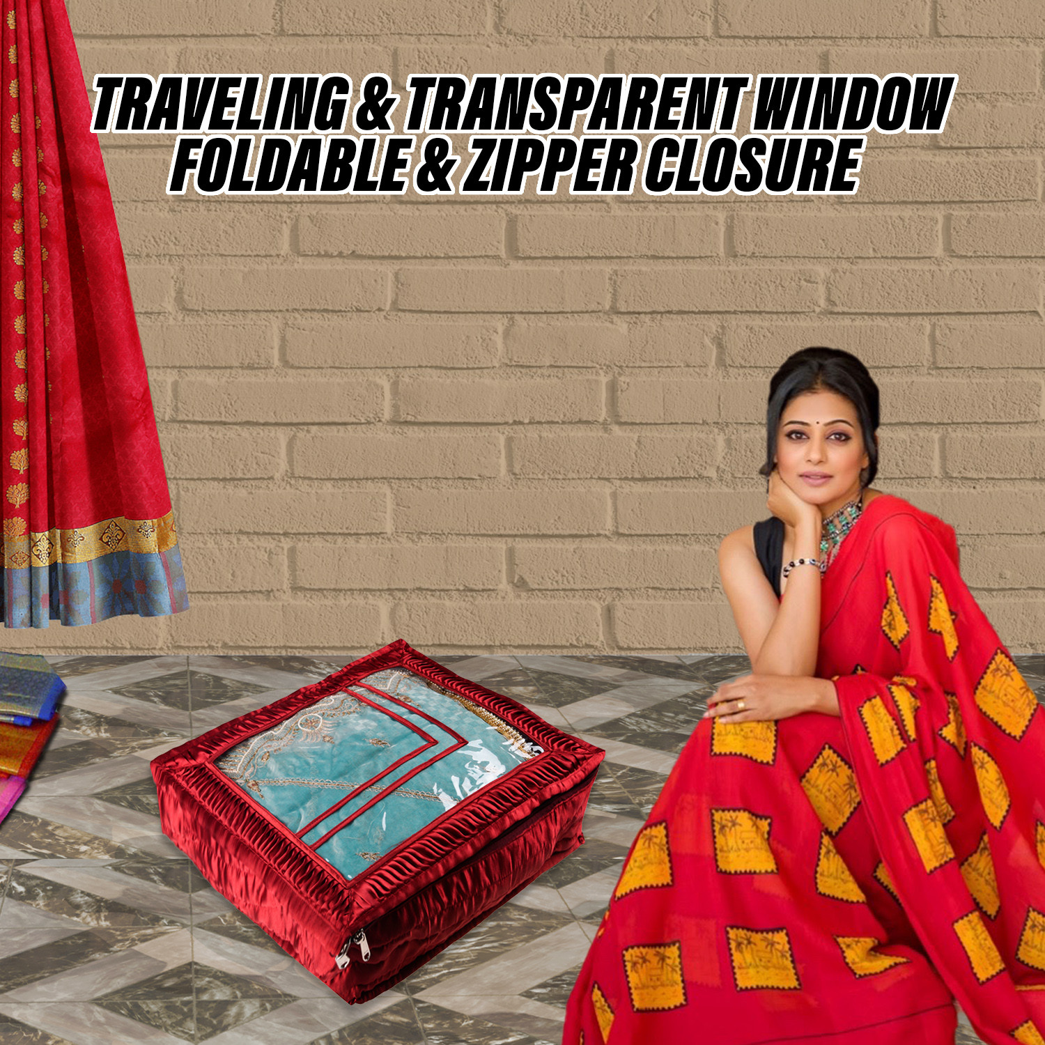 Kuber Industries Saree Cover | Soft Satin Foldable Lehanga Cover for Woman | Pleated Frill Border Clothes Storage Bag with Transparent Top | Maroon
