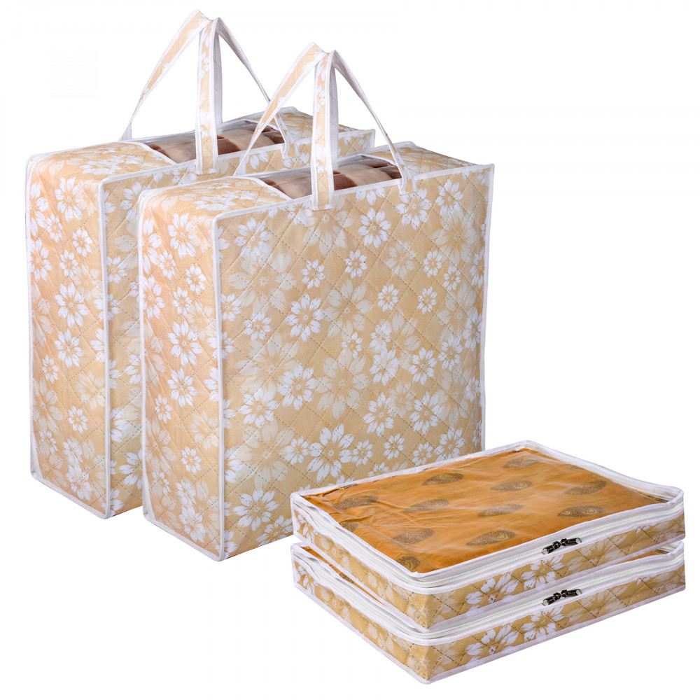 Kuber Industries Saree Cover &amp; Blanket Cover Set |Underbed Storage Bag Combo Set | Visible Window &amp; Handle Storage Bag | Flower Quilted |Golden