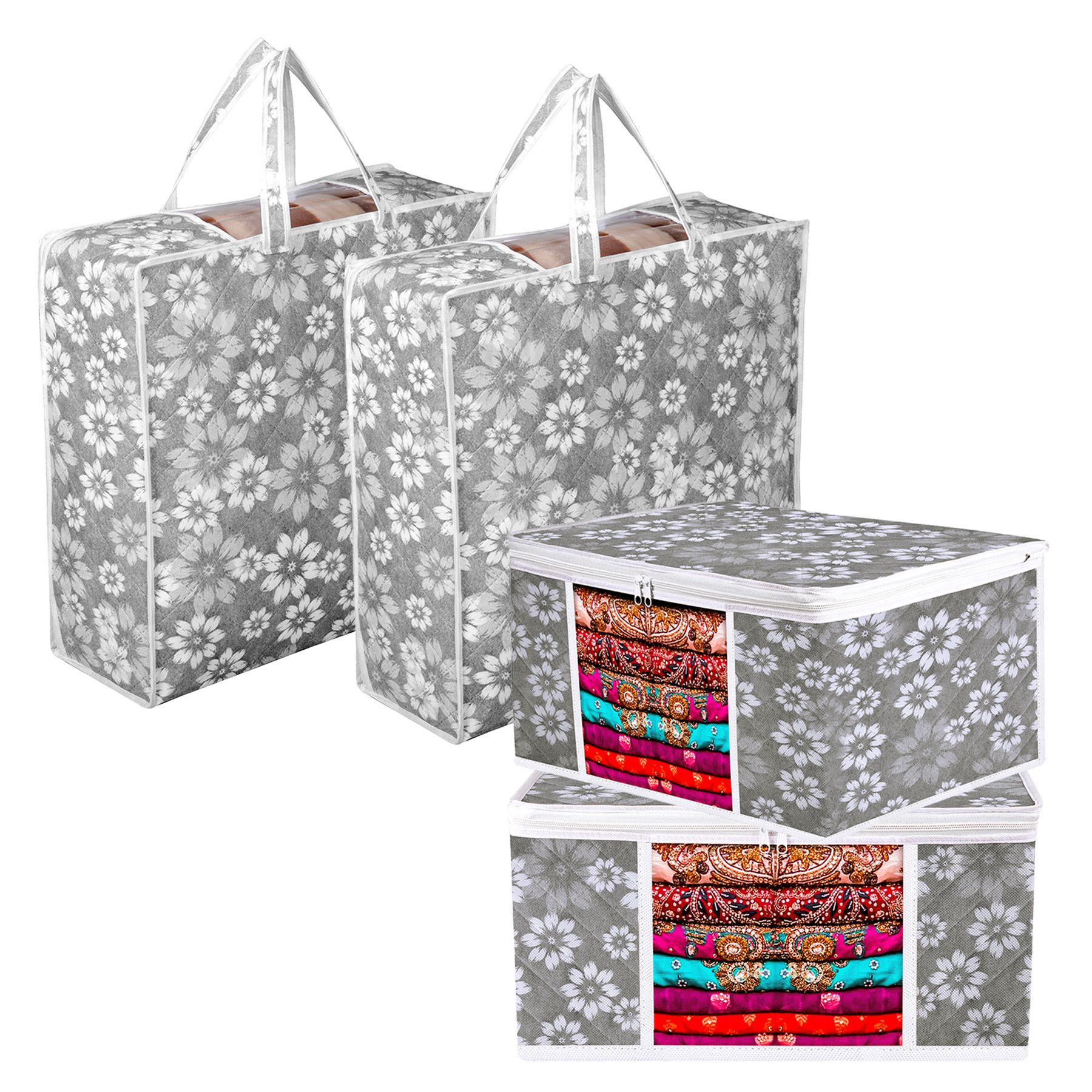 Kuber Industries Saree Cover & Blanket Cover Set |Underbed Storage Bag Combo Set | Visible Window & Handle Storage Bag | Flower Quilted |Gray