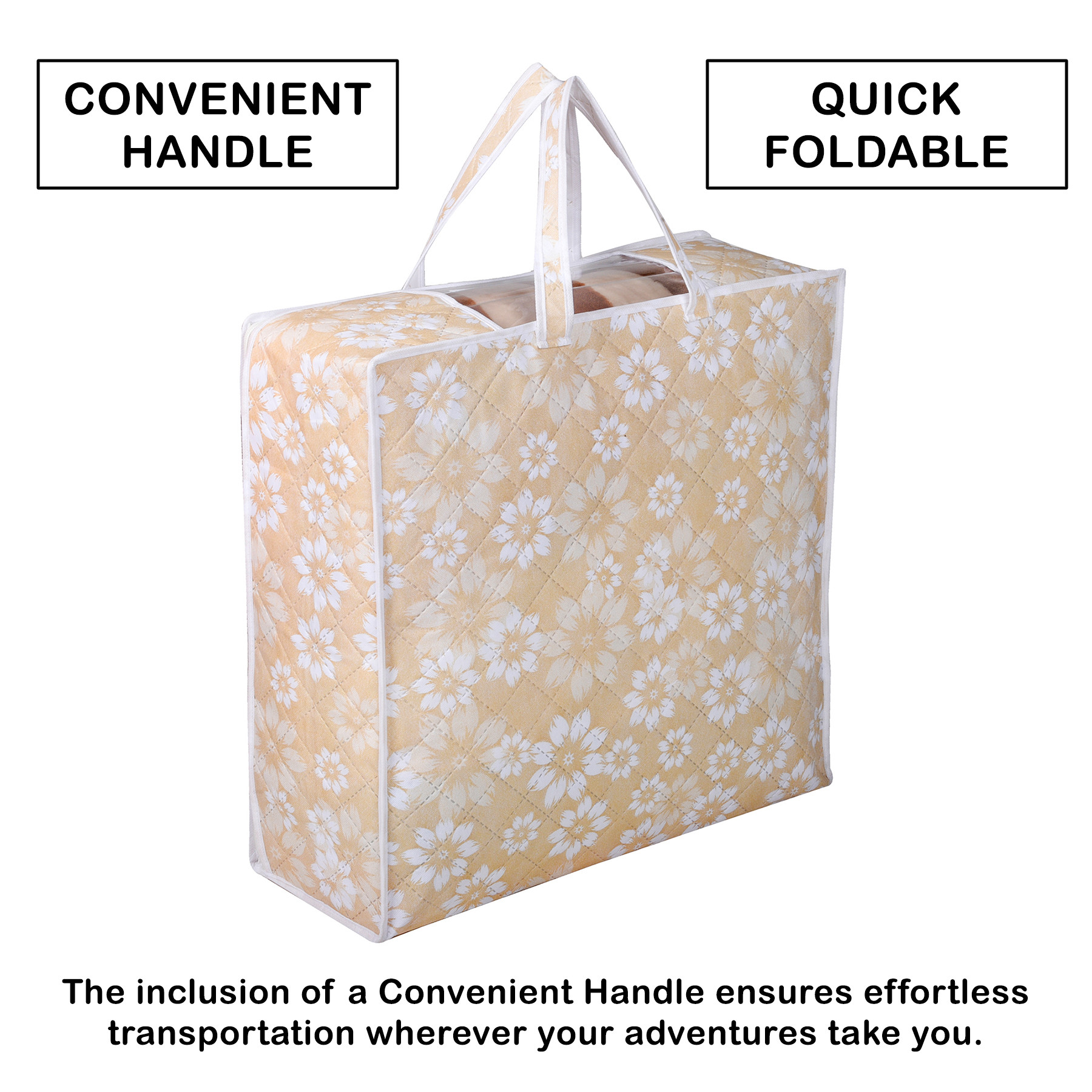 Kuber Industries Saree Cover & Blanket Cover Set |Underbed Storage Bag Combo Set | Visible Window & Handle Storage Bag | Flower Quilted | Golden